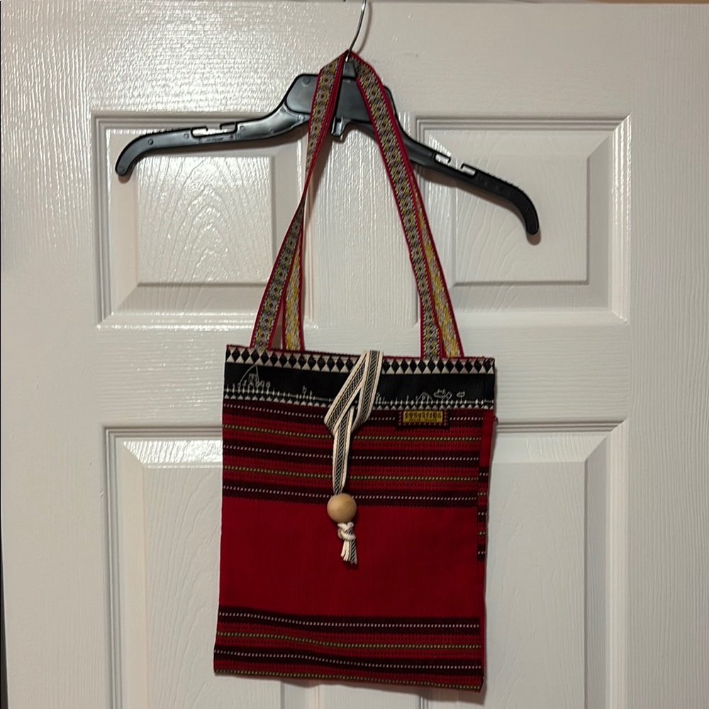 Red and Black Striped Lined Tote Bag from Vietnam with Ribbon and Wood Accents